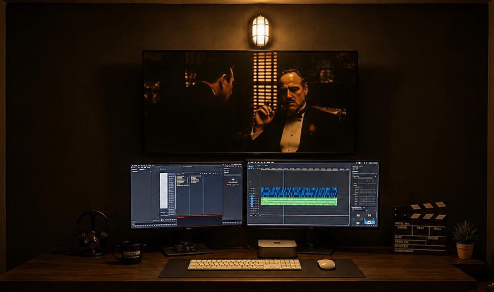 Post-production suite with dual monitors and grading wall