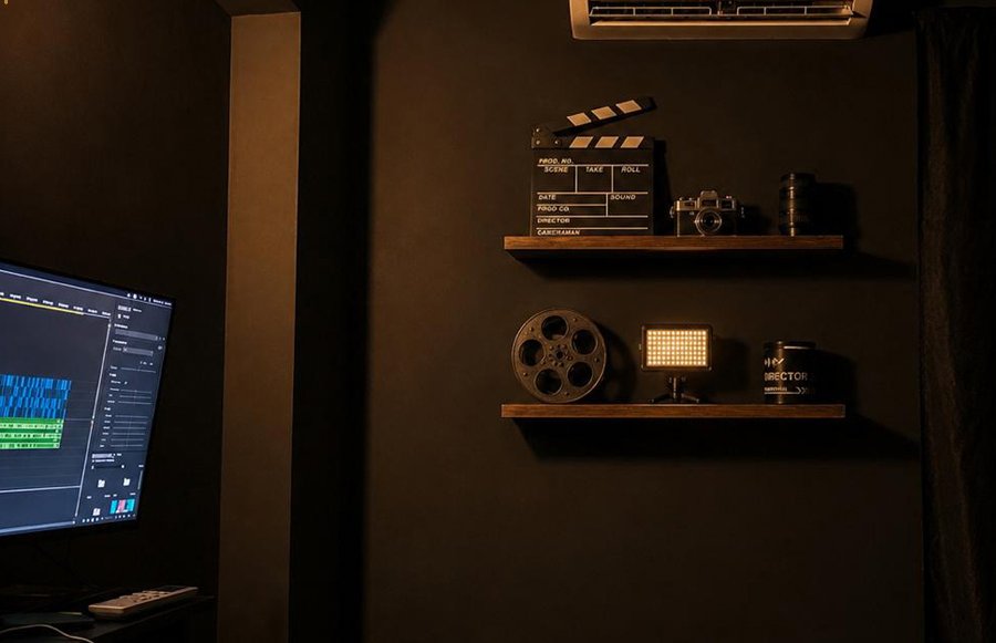 Edit bay with film props and LED light on the shelf